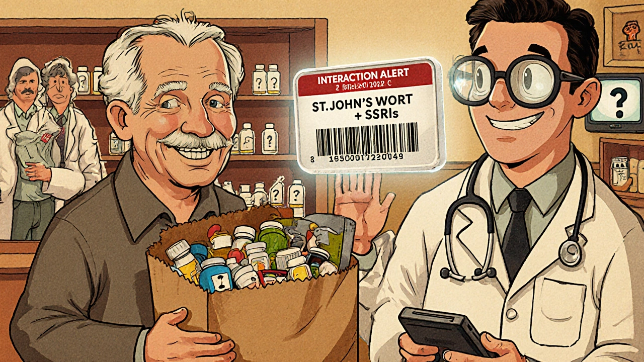 An older man bringing supplements to a pharmacist who scans them with a glowing device.