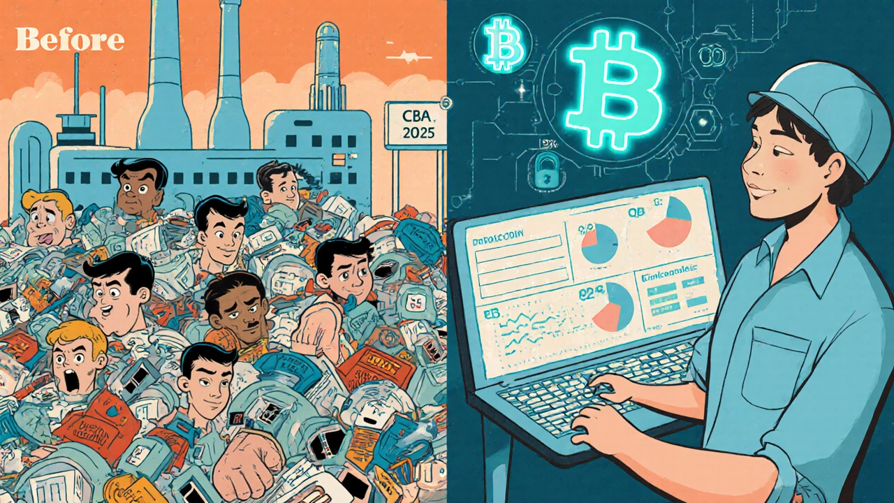 Before-and-after factory scene: chaos on left, digital CAPA system on right in retro cartoon style.