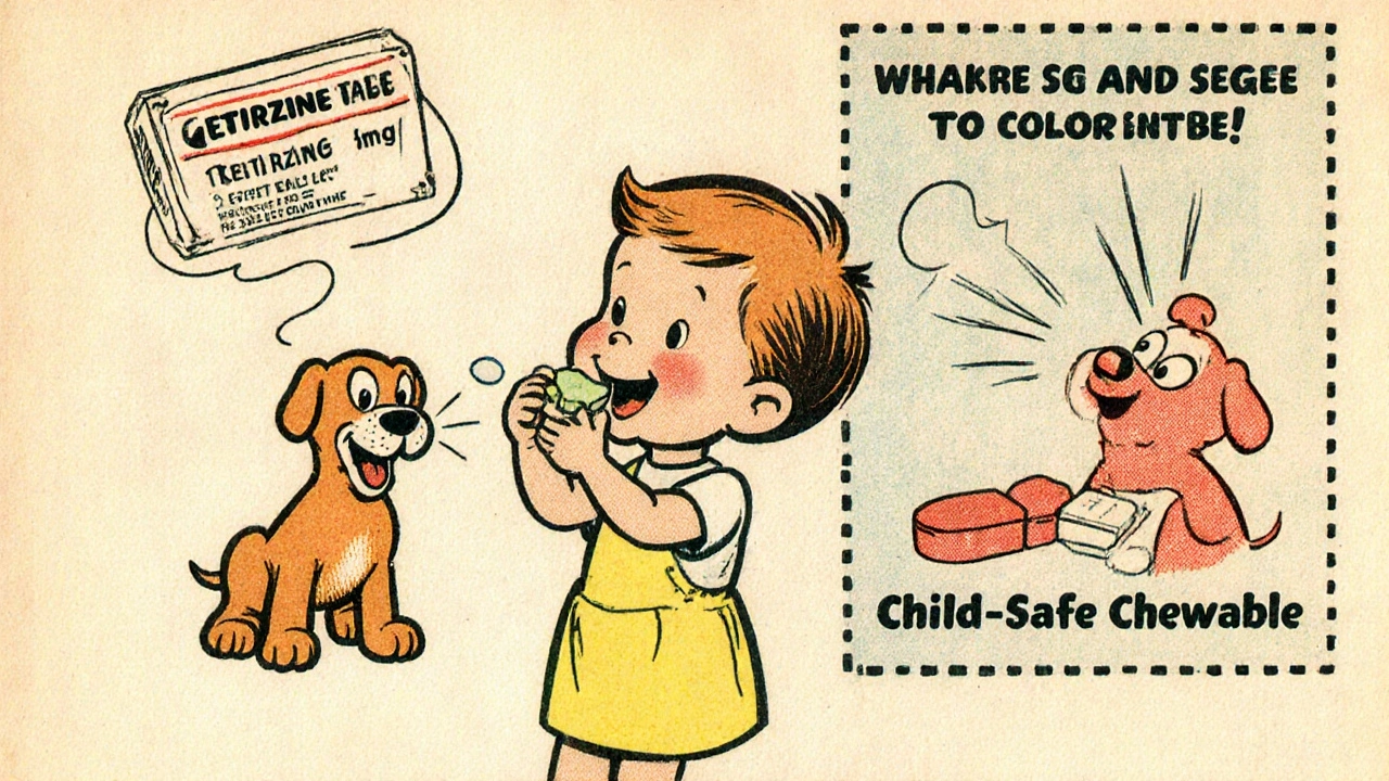 Child taking a safe chewable allergy tablet while a dog sneezes playfully