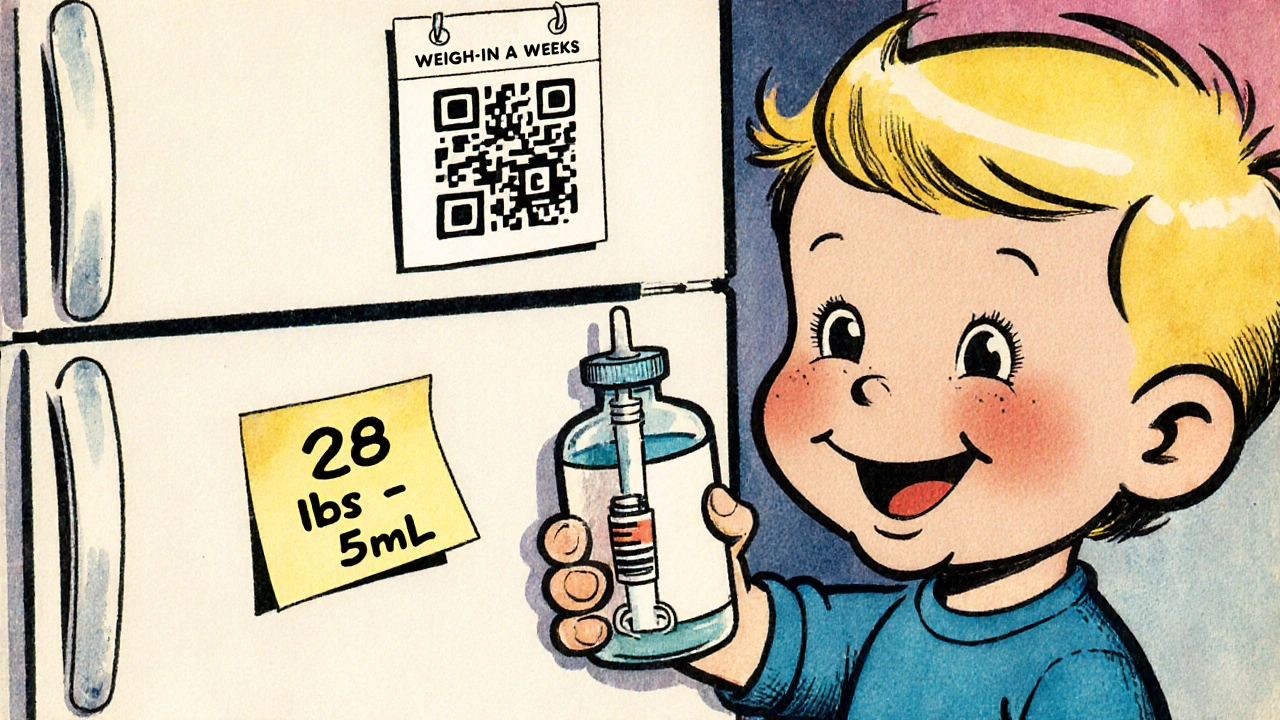 Child with medicine bottle and dosing syringe taped to fridge in vintage cartoon