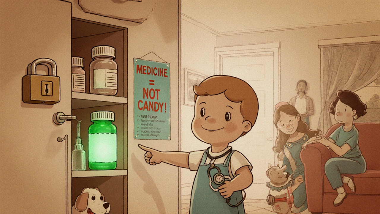 Childproofed home with locked cabinet, smart dispenser, and safety poster.