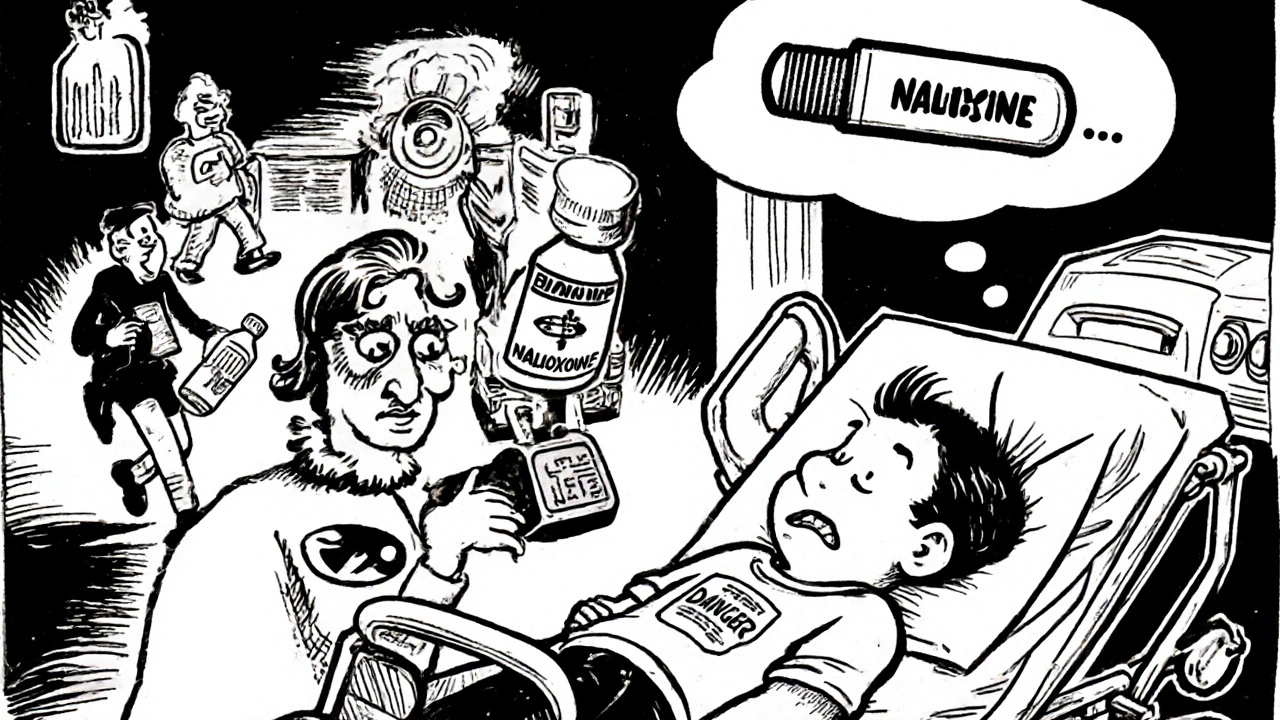 Emergency responders arrive as child is monitored, with naloxone syringe visible.