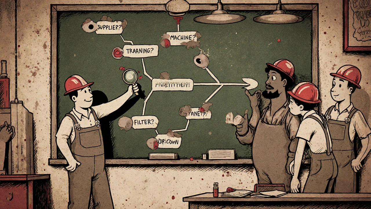 Factory team analyzing a fishbone diagram with a sneaky supplier lurking in the background.