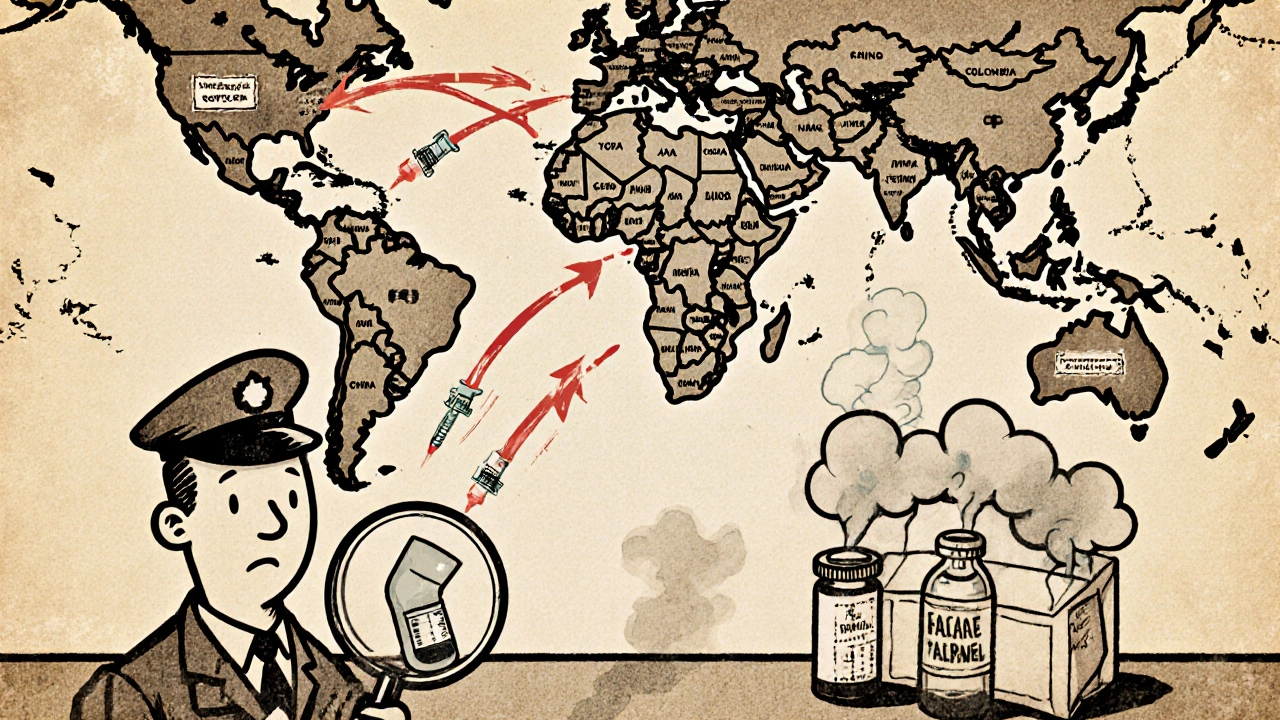 Global arrows transport counterfeit drug parts to the U.S., hidden in everyday packages.