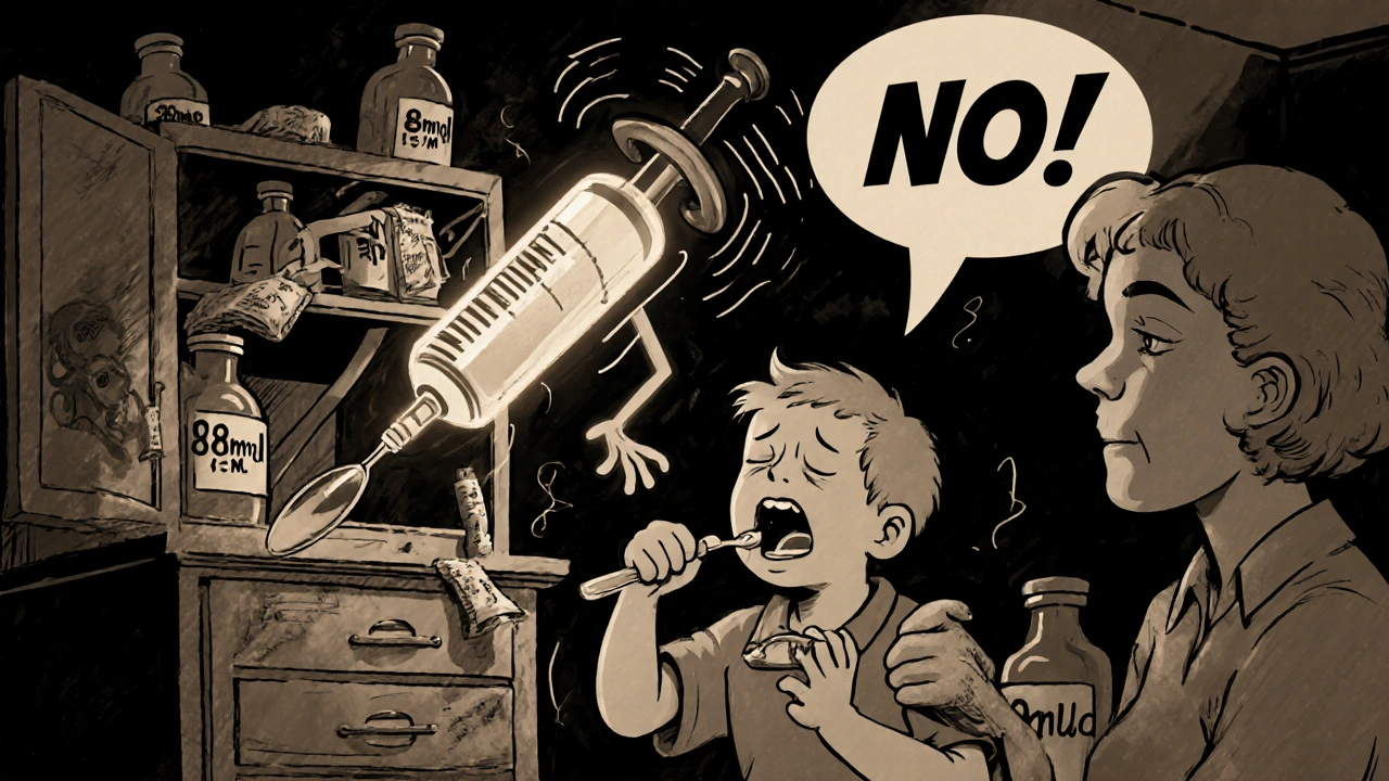 Parent using kitchen spoon to give medicine as syringe protests in vintage cartoon