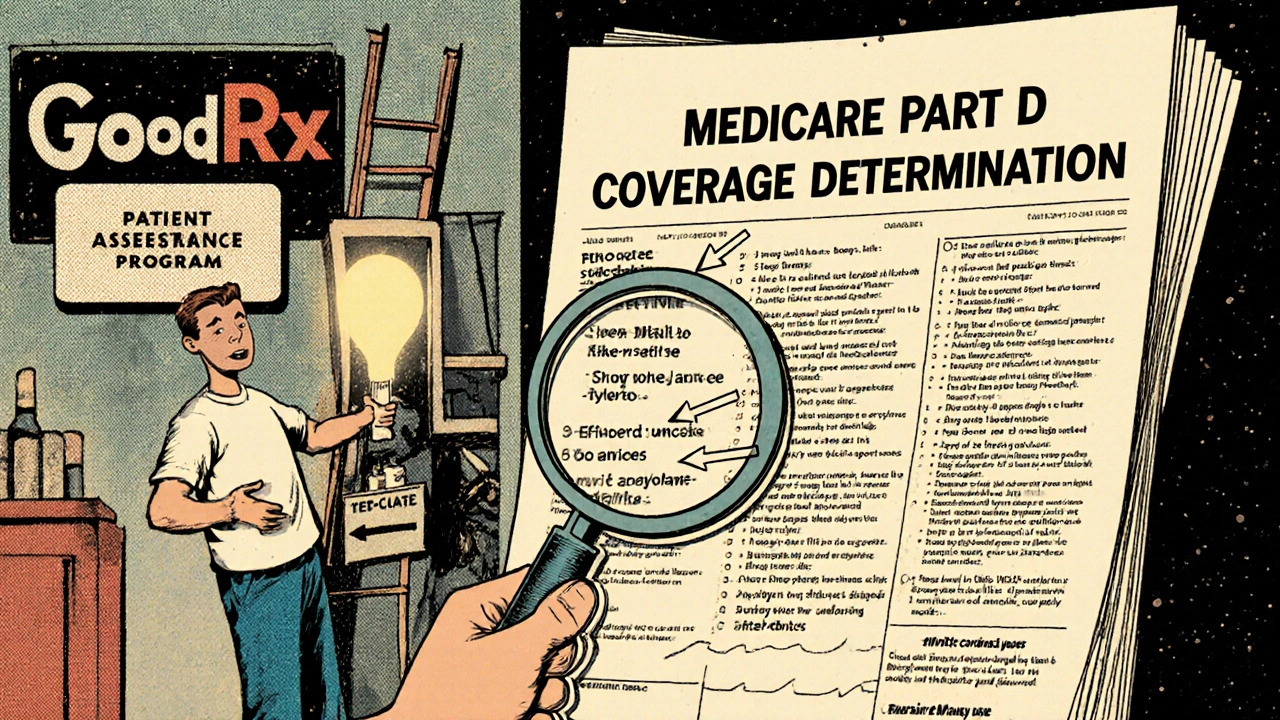 Patient examining a complex insurance form with helpful signs pointing to cost-saving options.