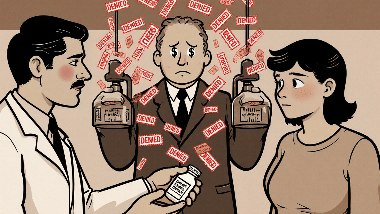 Pharmacist giving a generic pill to a patient while a PBM pulls levers causing denial stamps to fall, in vintage cartoon style.