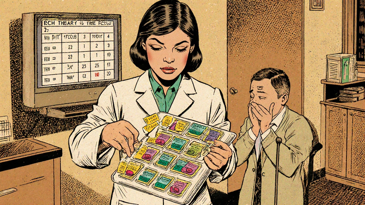 Pharmacist preparing color-coded blister packs for complex medication schedules.