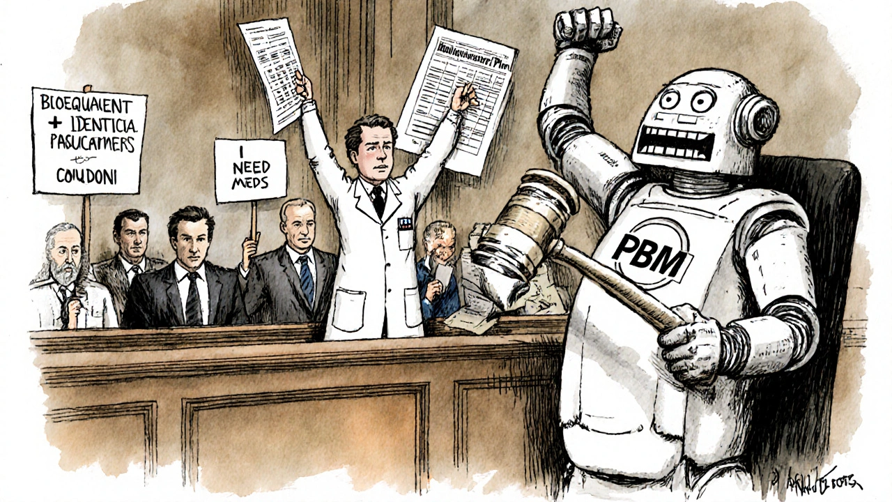 Physician arguing against a robotic AI judge in a courtroom, holding medical records as weapons, in vintage cartoon style.