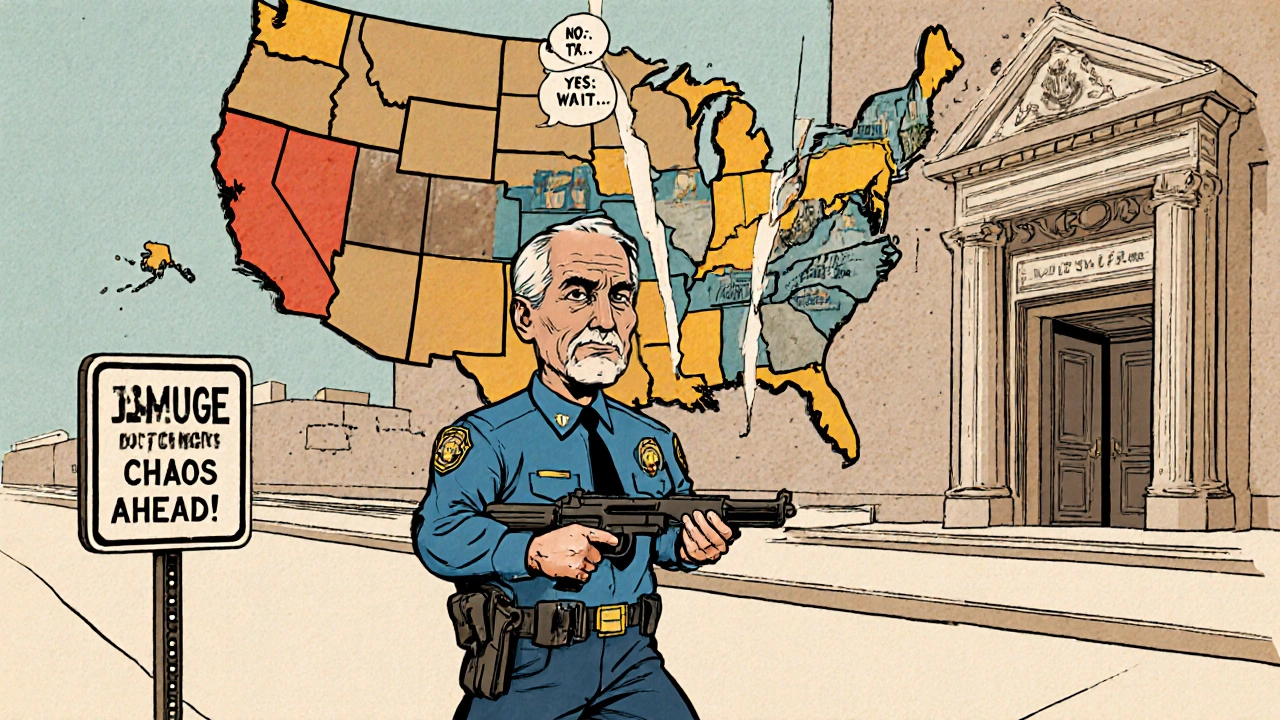 Retired officer carrying gun through restricted areas as U.S. states react with conflicting signs.