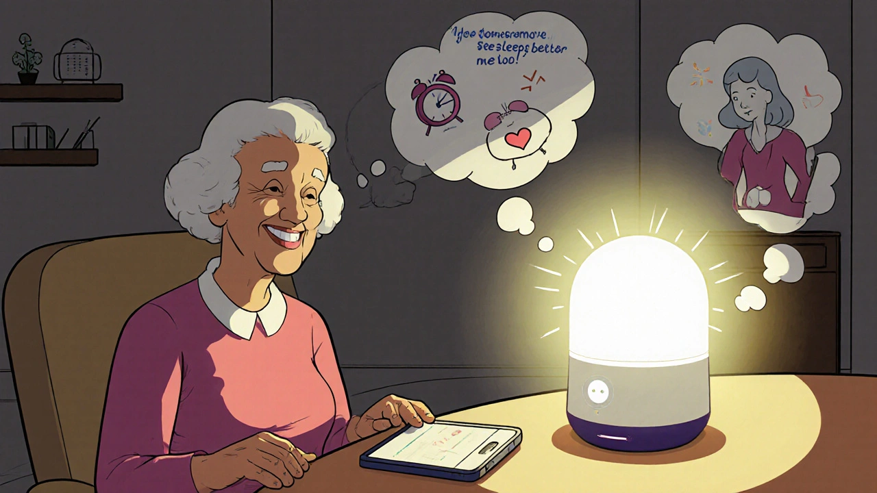 Senior woman smiling as her digital pill dispenser alerts her daughter via text message.