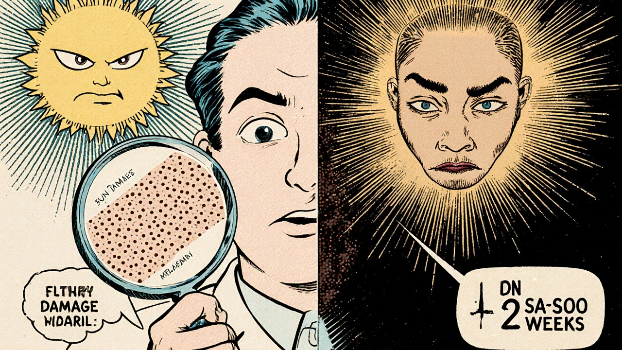 Side-by-side comparison of sun damage spots and melasma mask under a glowing sun, with time clock, in 1940s comic style.