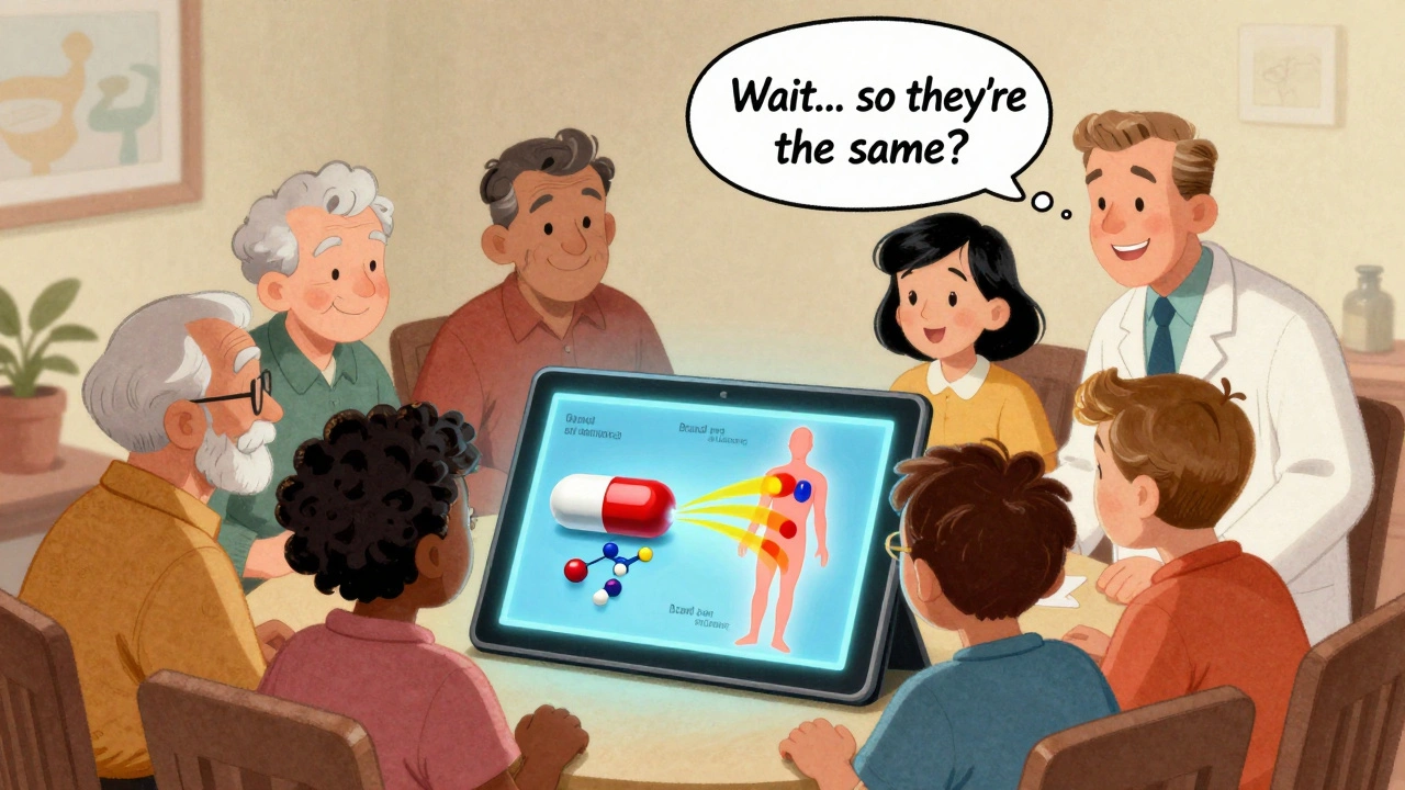 A diverse group watches a 3D AR infographic showing identical drug molecules being absorbed in the body.