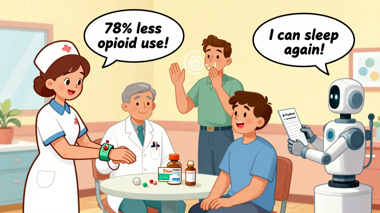 A diverse team supporting cancer pain management with acupuncture, mindfulness, and AI, in bright vintage cartoon style.