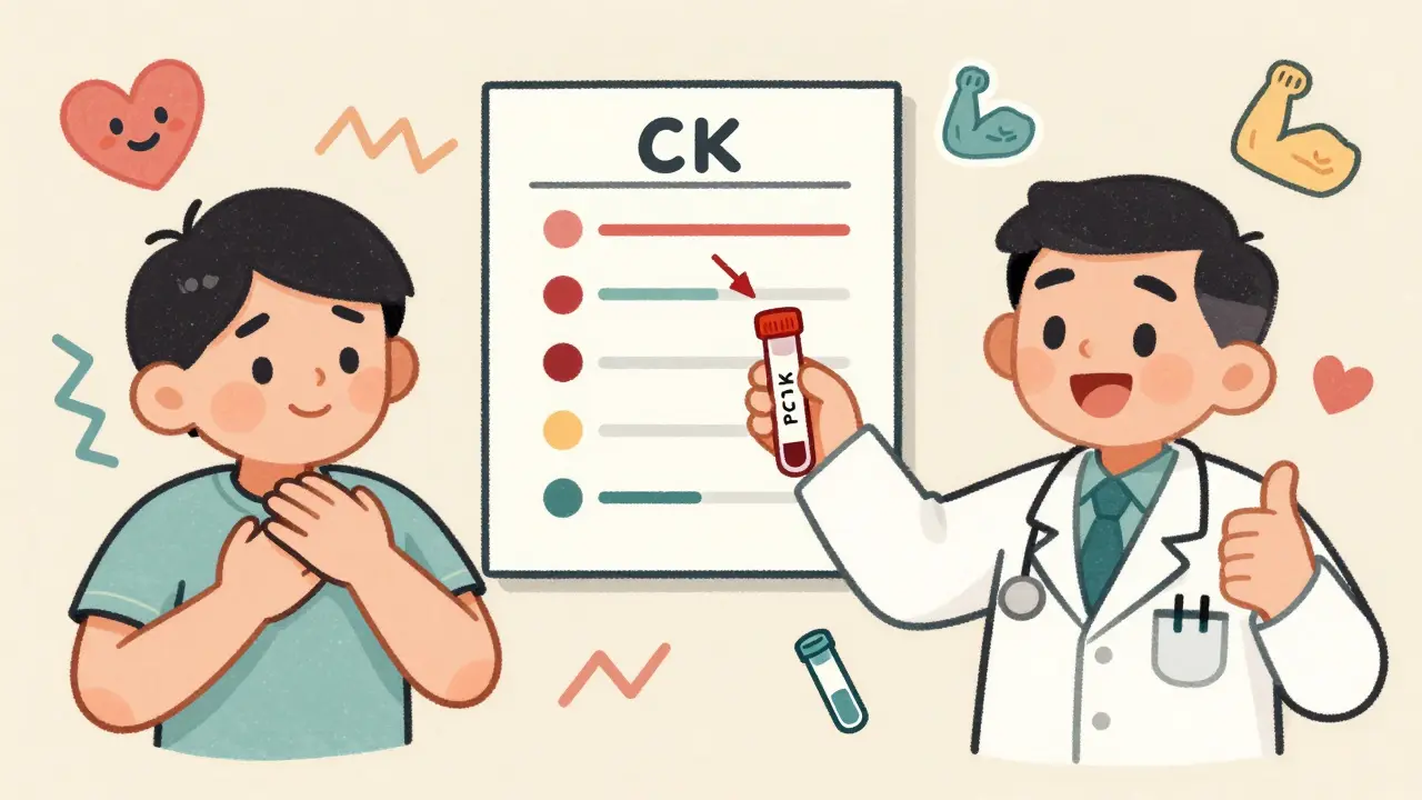 A doctor shows a blood test chart to a patient, comparing statin side effects and a better-tolerated alternative.