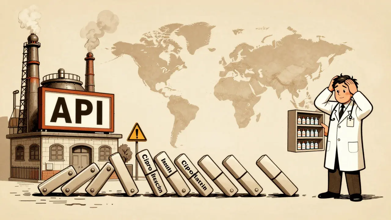A factory in China triggers a domino effect of falling drug names across continents, ending in an empty pharmacy shelf.