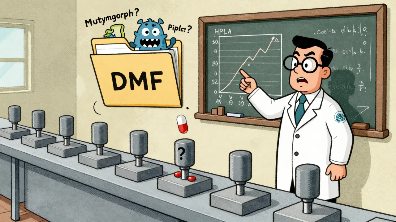 A factory produces pills with impurity monsters leaking from a DMF file, while an inspector points at flawed data.