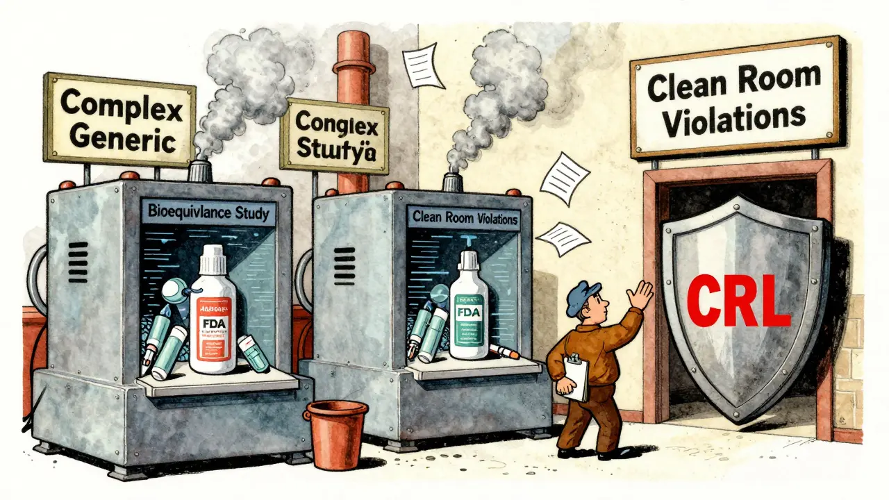 A factory struggling to make complex generics amid faulty machines and a giant patent shield blocking exit.