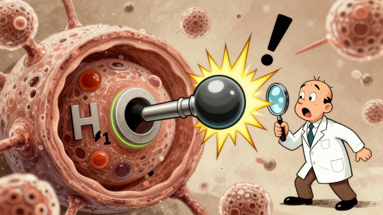 A key-shaped drug turns a receptor the wrong way, releasing histamine sparks in a microscopic cartoon scene.