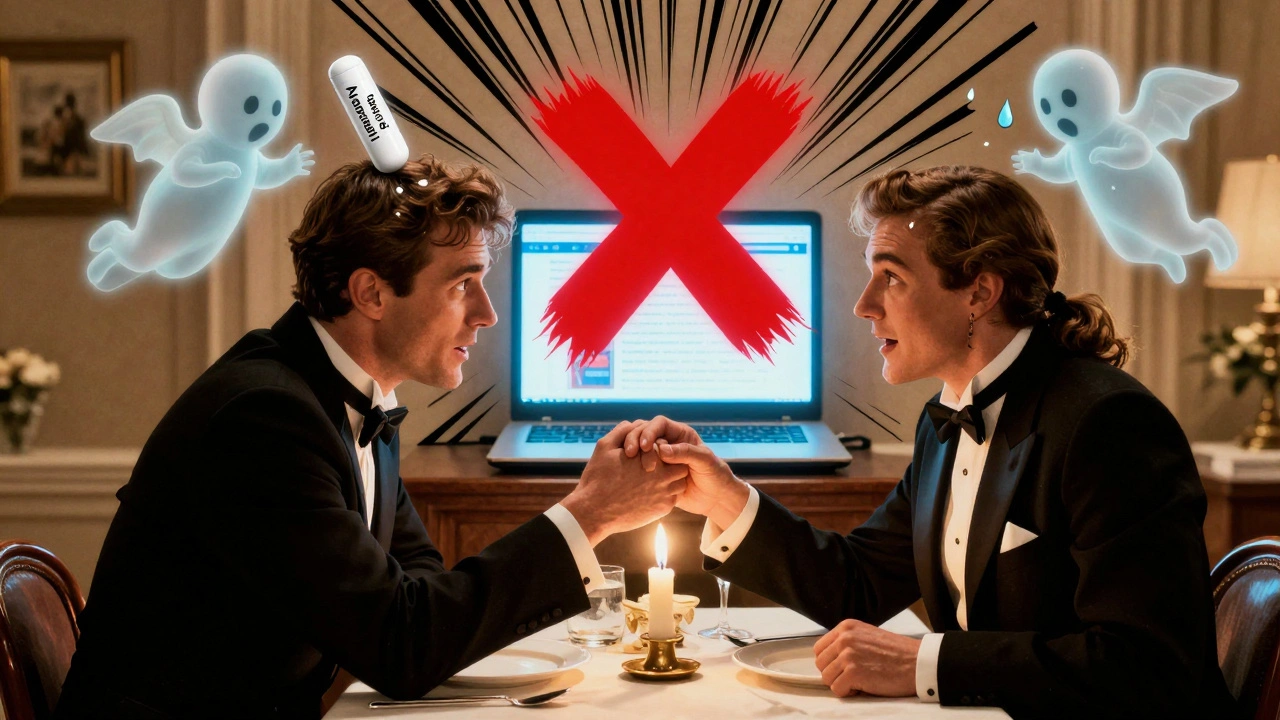 A nervous man at dinner with ghostly pills arguing above his head, while a shady pharmacy glows in the background.