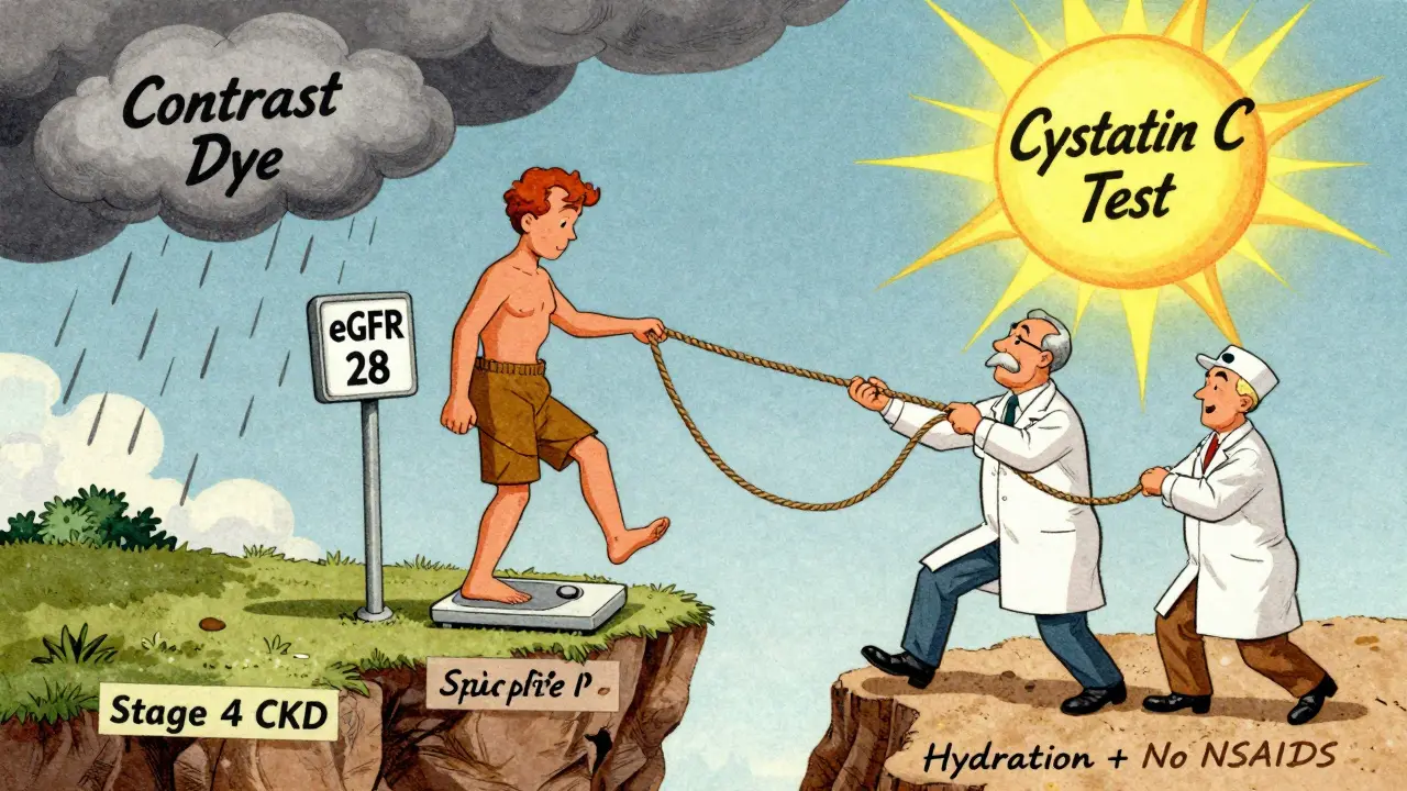 A patient is pulled back from a kidney failure cliff by doctors, with hydration and testing as lifelines.