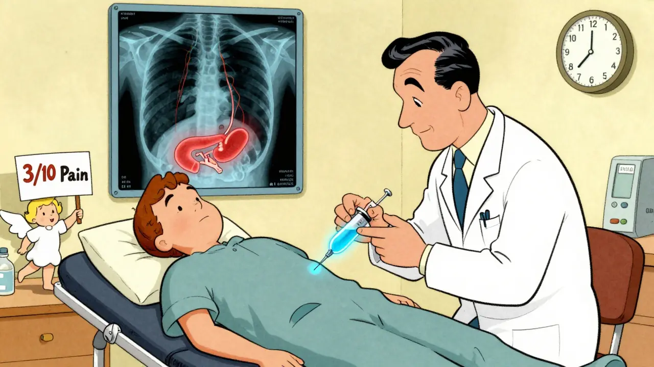 A patient receiving a nerve block with an X-ray overlay showing nerves, in a whimsical 1960s medical cartoon style.