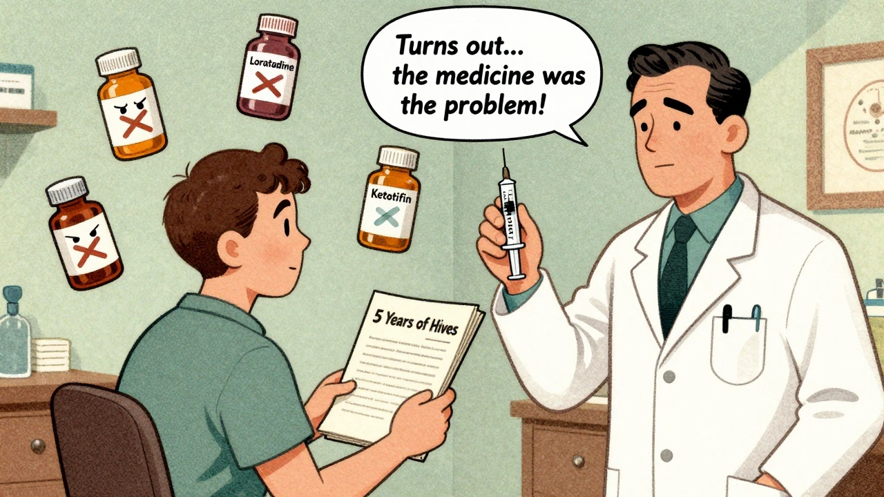 A patient with years of hives sits with doctors, surrounded by failed antihistamine pills, holding a new treatment syringe.