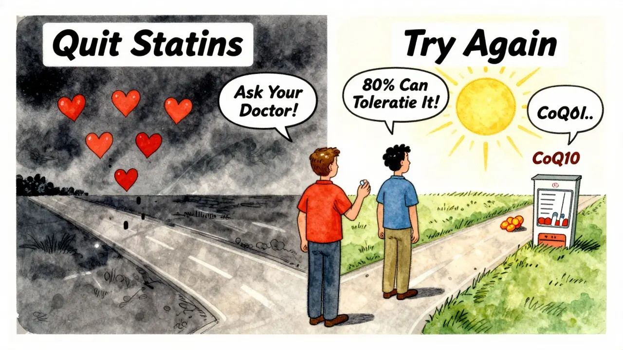 A person chooses a sunny path to manage statin pain with doctor guidance, avoiding the dark path of quitting.