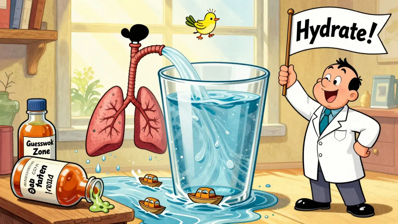 A person drinking water while mucus flows away from their lungs like boats on a river, in vintage cartoon style.