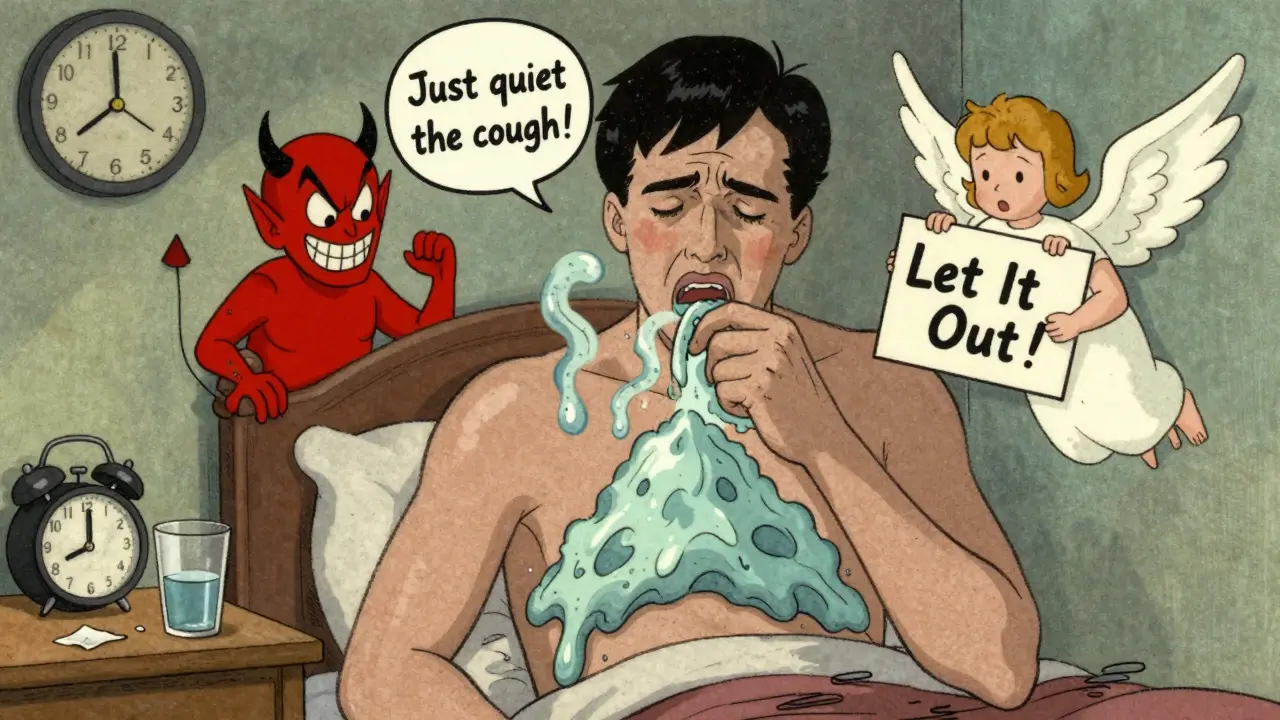 A person with mucus building up in their chest after taking the wrong cough medicine, shown in vintage cartoon style.