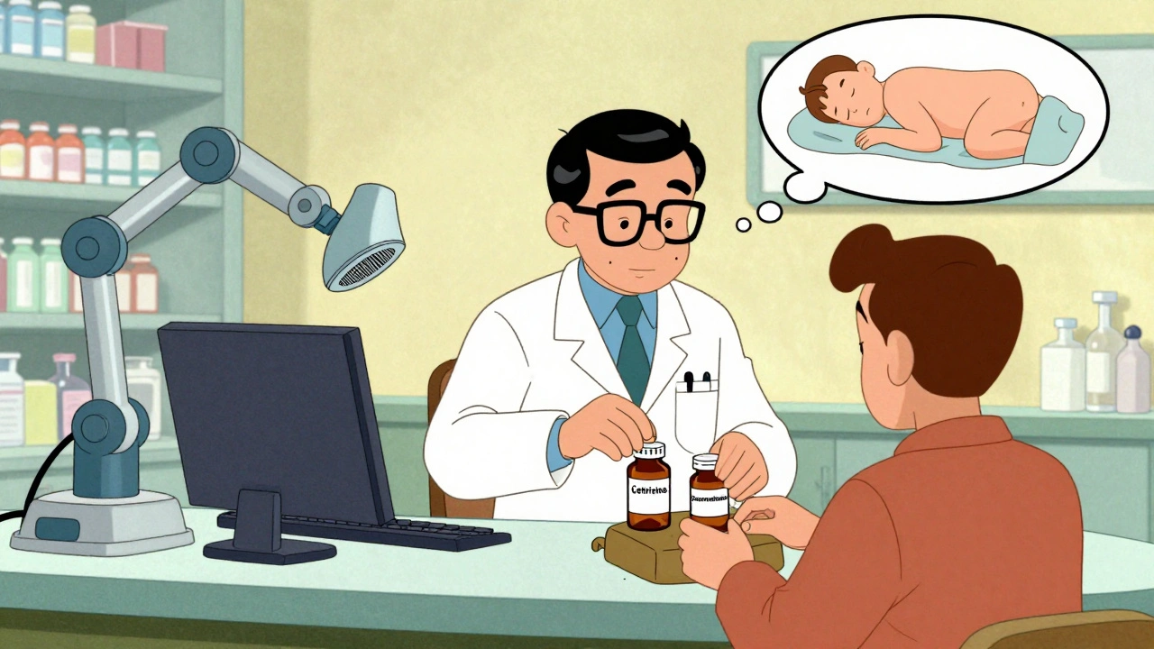 A pharmacist hands a patient two labeled pill bottles with a barcode scanner nearby.