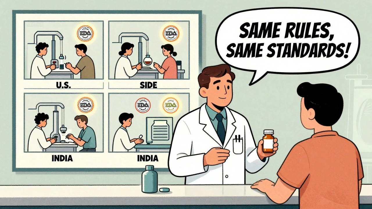A pharmacist shows a wall infographic proving generic and brand-name drugs are made in equally inspected factories.