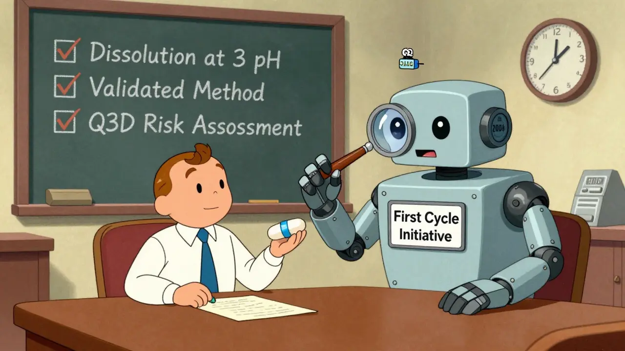 A small company meets a friendly FDA robot in a boardroom, presenting a modified-release tablet with checkmarked requirements.