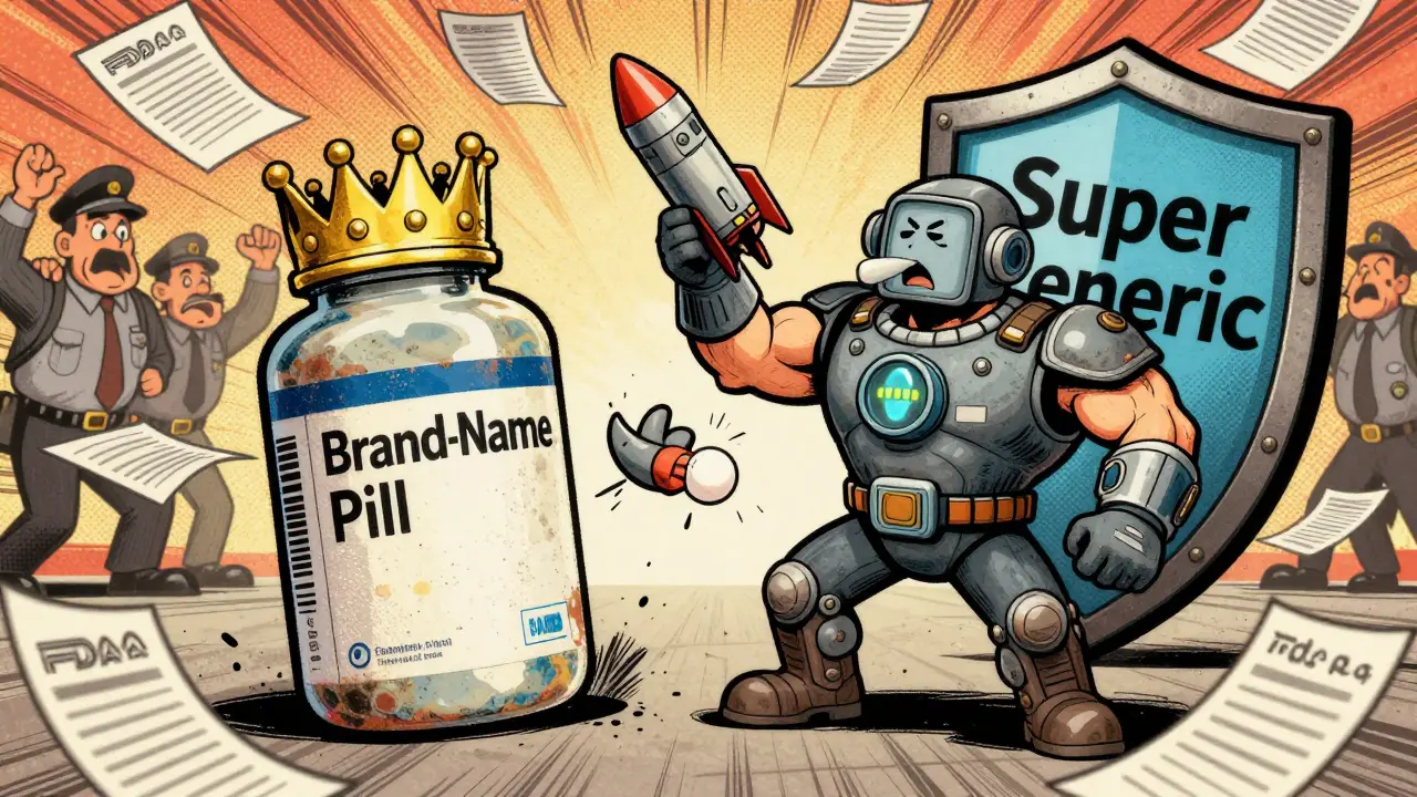 A superhero generic pill defeating a branded pill in a regulatory battle with gadgets and a shield.