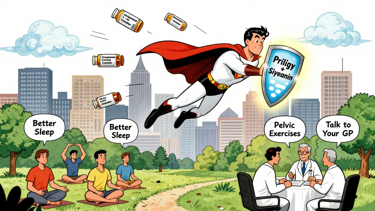 A superhero made of prescription labels flies over a city as men live healthier lives below, in vintage cartoon style.