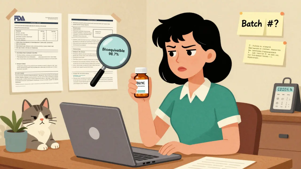 A woman examines FDA data on her laptop while holding a generic pill, surrounded by research printouts and sticky notes.