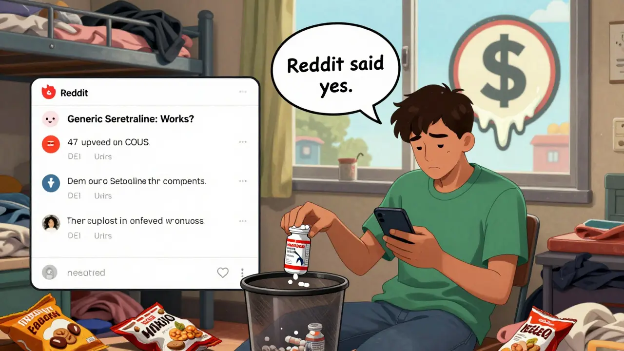 A young person scrolls through a Reddit thread on their phone, choosing a generic medication over a branded one in a messy dorm room.