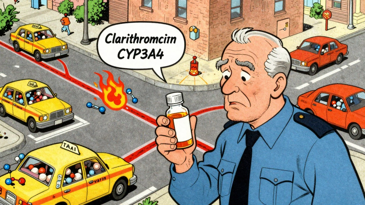 An elderly man’s bloodstream as a city where drugs pile up due to enzyme traffic jams in vintage cartoon style.