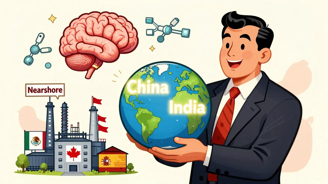 An executive holds a globe with China and India glowing, while new factories in Mexico and Canada rise behind, with AI and blockchain symbols above.