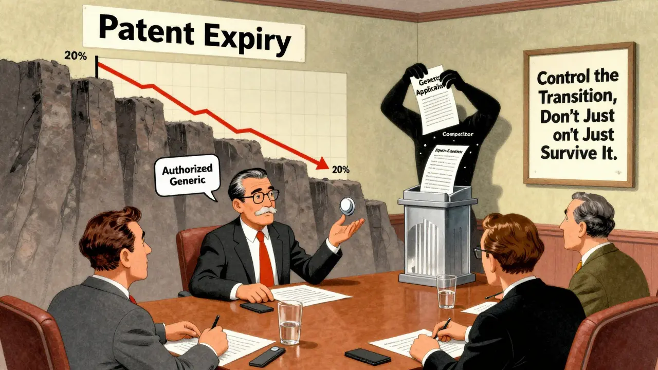 Boardroom scene with executives watching a graph stabilize after launching an authorized generic, while a competitor gives up.