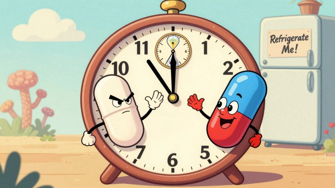 Cartoon stomach with antibiotic and probiotic separated by a 2-hour time gap