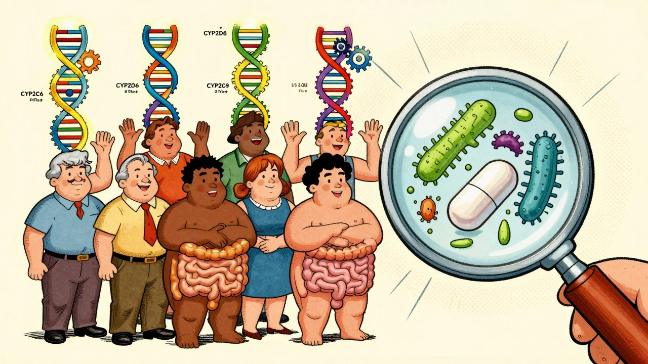 Diverse people with glowing DNA gears and gut bacteria eating pills in nostalgic comic illustration.