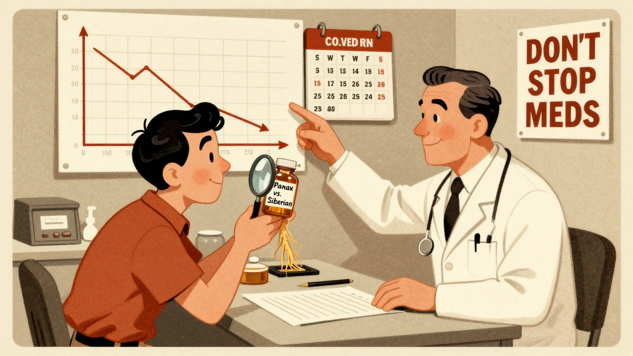 Doctor and patient reviewing ginseng label and blood sugar chart at a clinic desk.