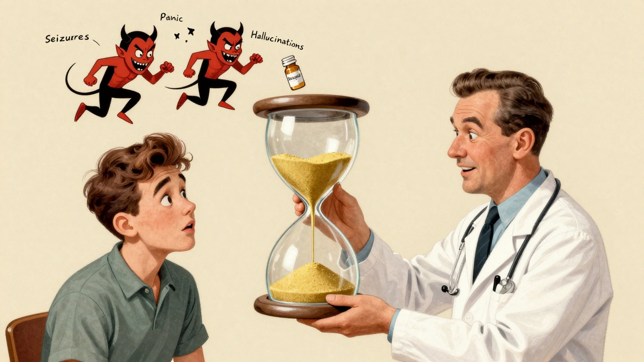 Doctor gives patient a diazepam hourglass while withdrawal demons fade away.
