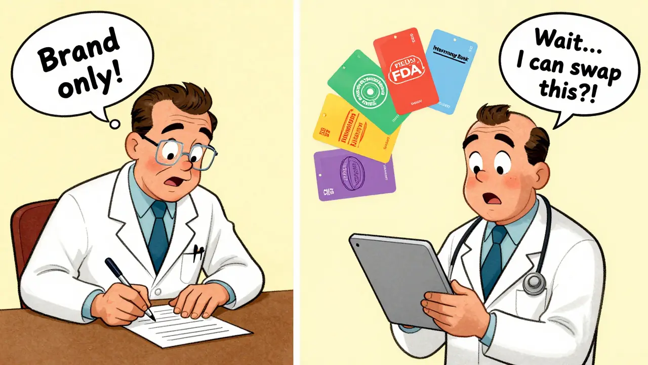 Doctor shocked as color-coded biosimilar cards appear on a tablet screen labeled FDA Purple Book.