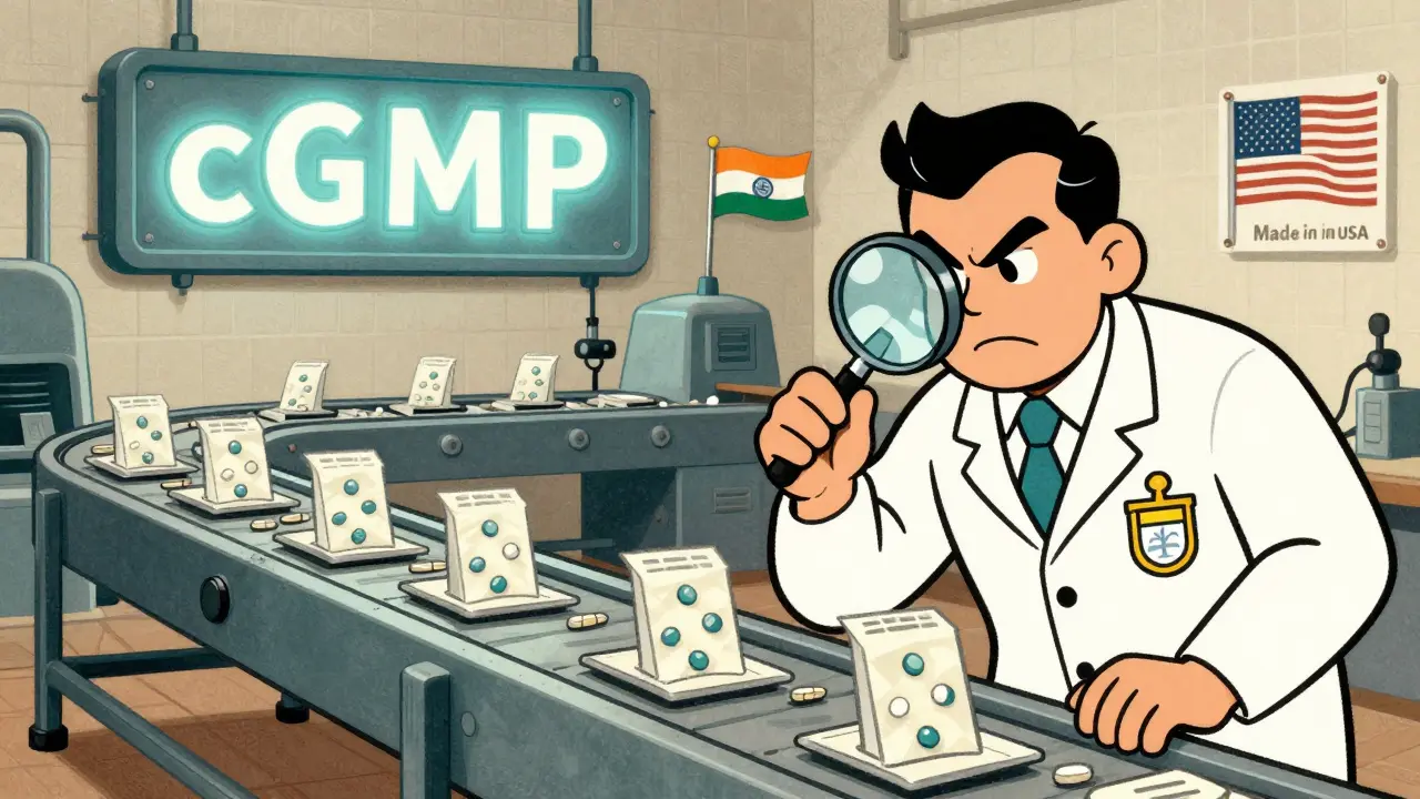 Factory conveyor with pills being packaged under FDA inspector supervision in vintage cartoon style