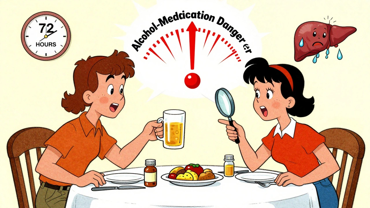 Family at dinner, alcohol danger meter spiking red as a liver sweats in vintage cartoon style.