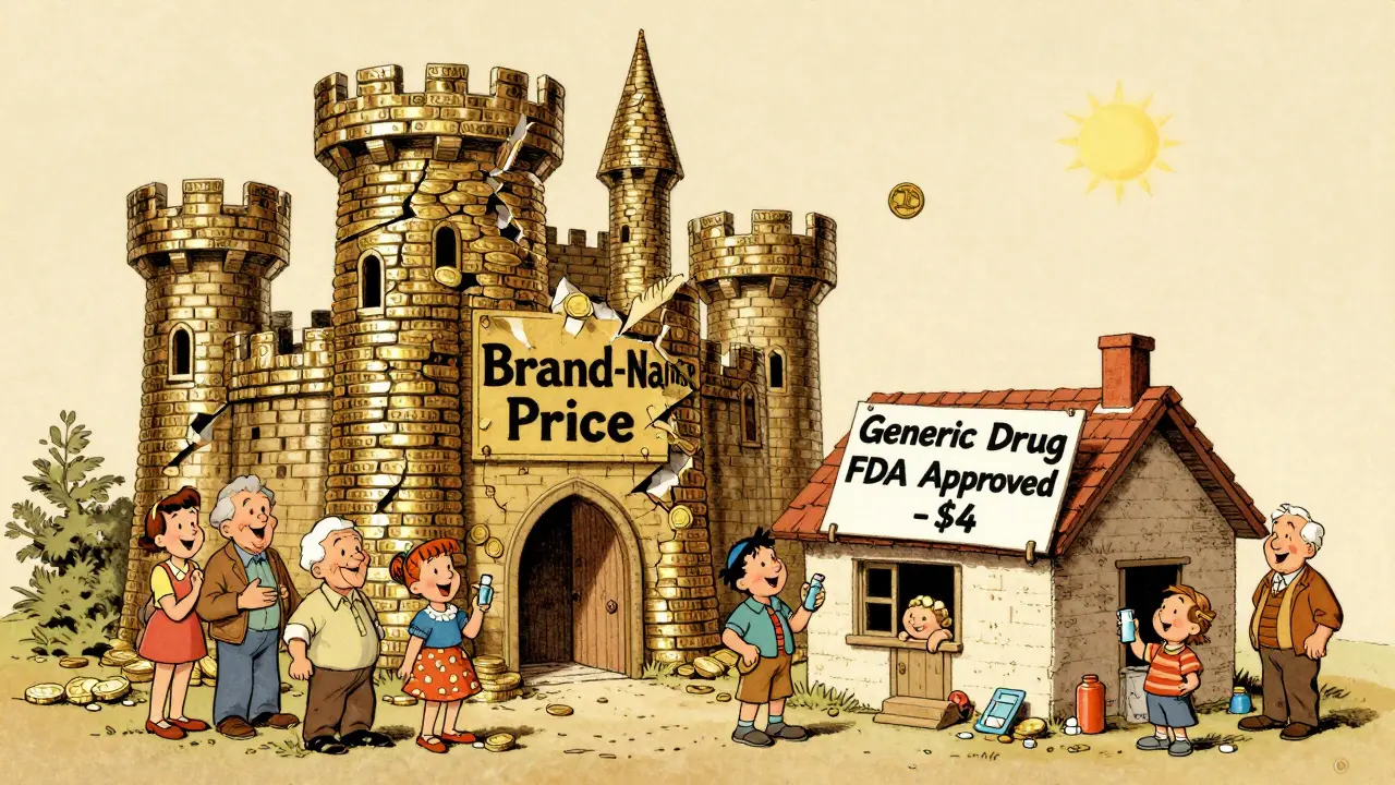 Generic drug cottage replacing expensive brand-name castle, with happy families and FDA badge in background.