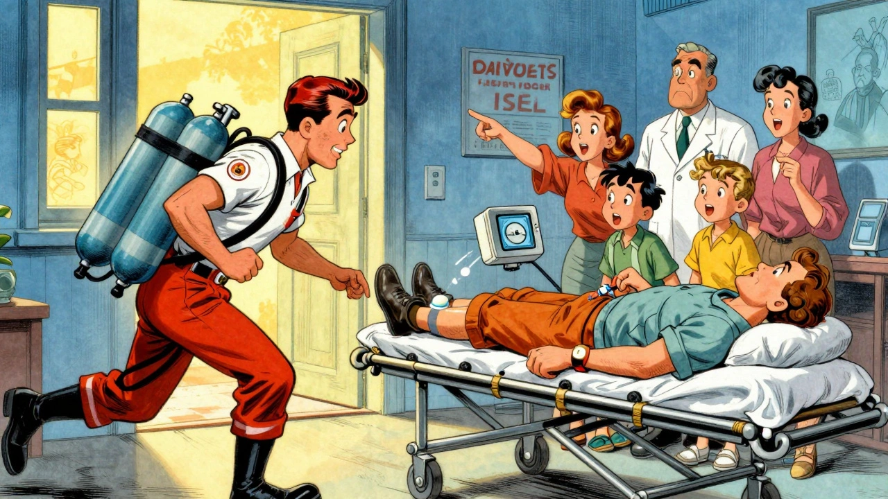 Paramedics rushing in with stretcher as EpiPen is used, medical bracelet visible