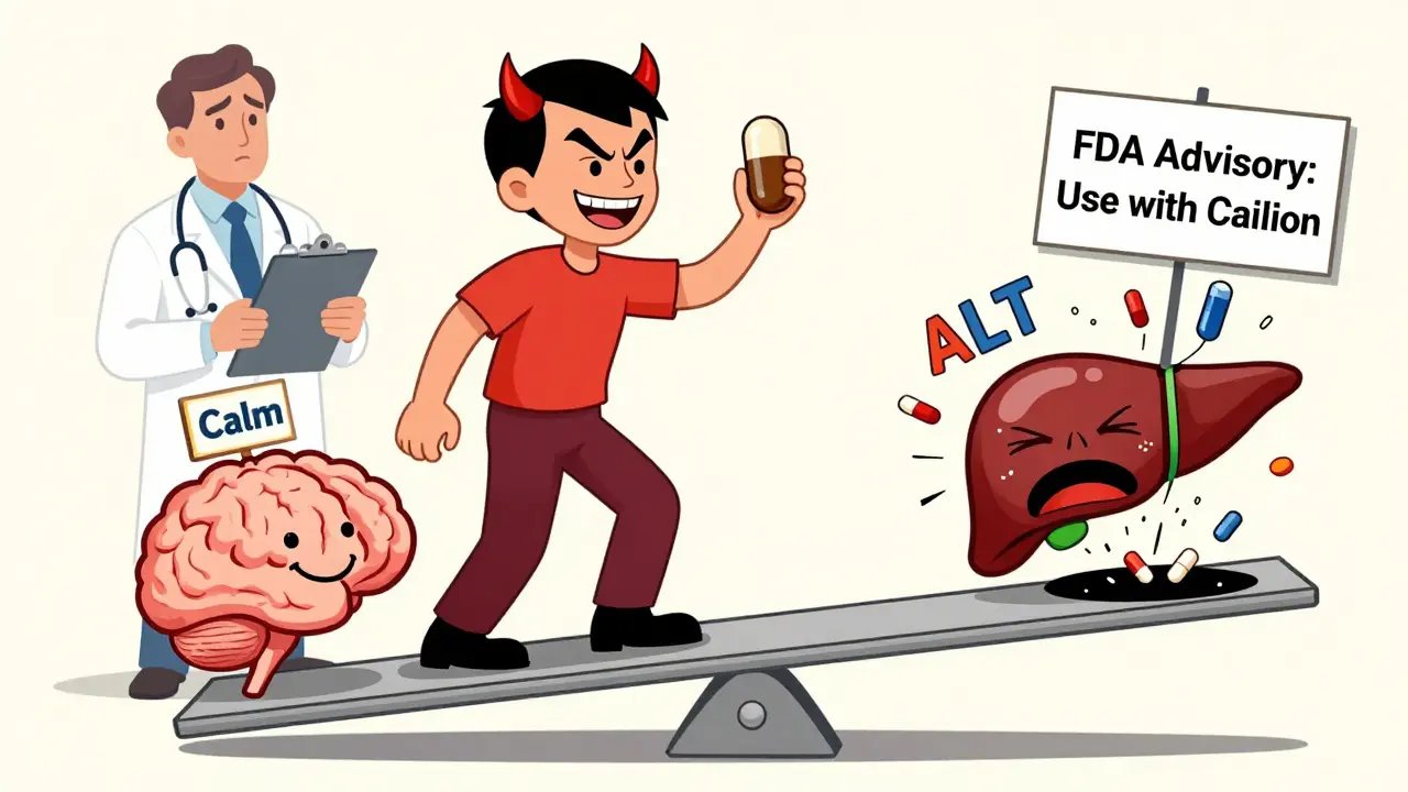 Person on seesaw balancing anxiety relief against liver failure, with doctor watching.